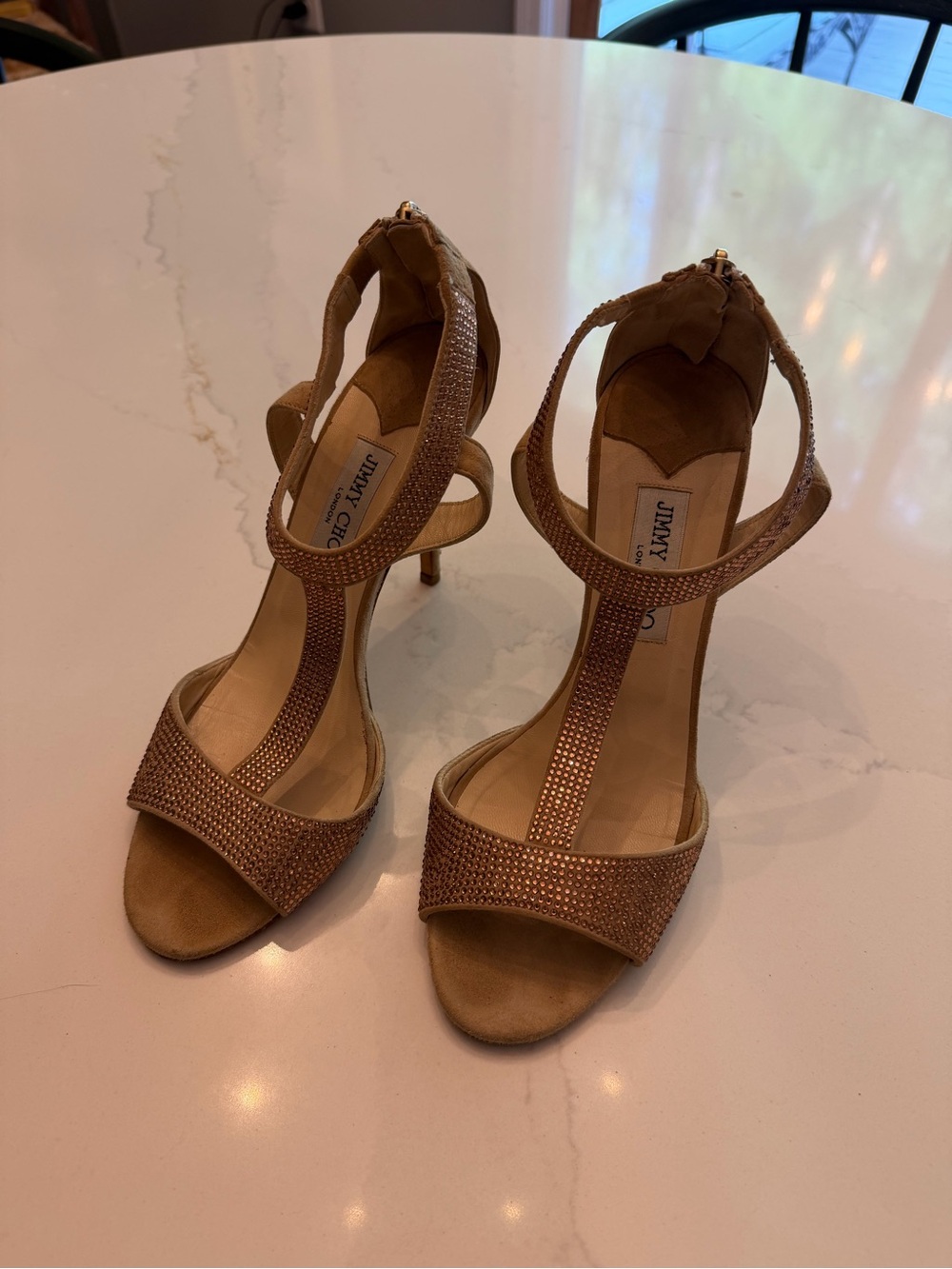 Jimmy Choo Tan Crystal T-Strap Sandals